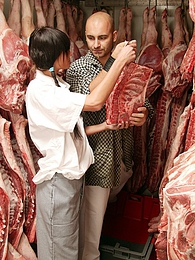 KiloPics presents: Teenage brunette gets dirty with the butcher his big meat