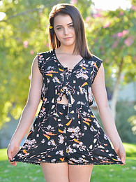 KiloPics presents: Svelte american dark-haired teen Kylie Quinn in shorts toys her twat outdoor